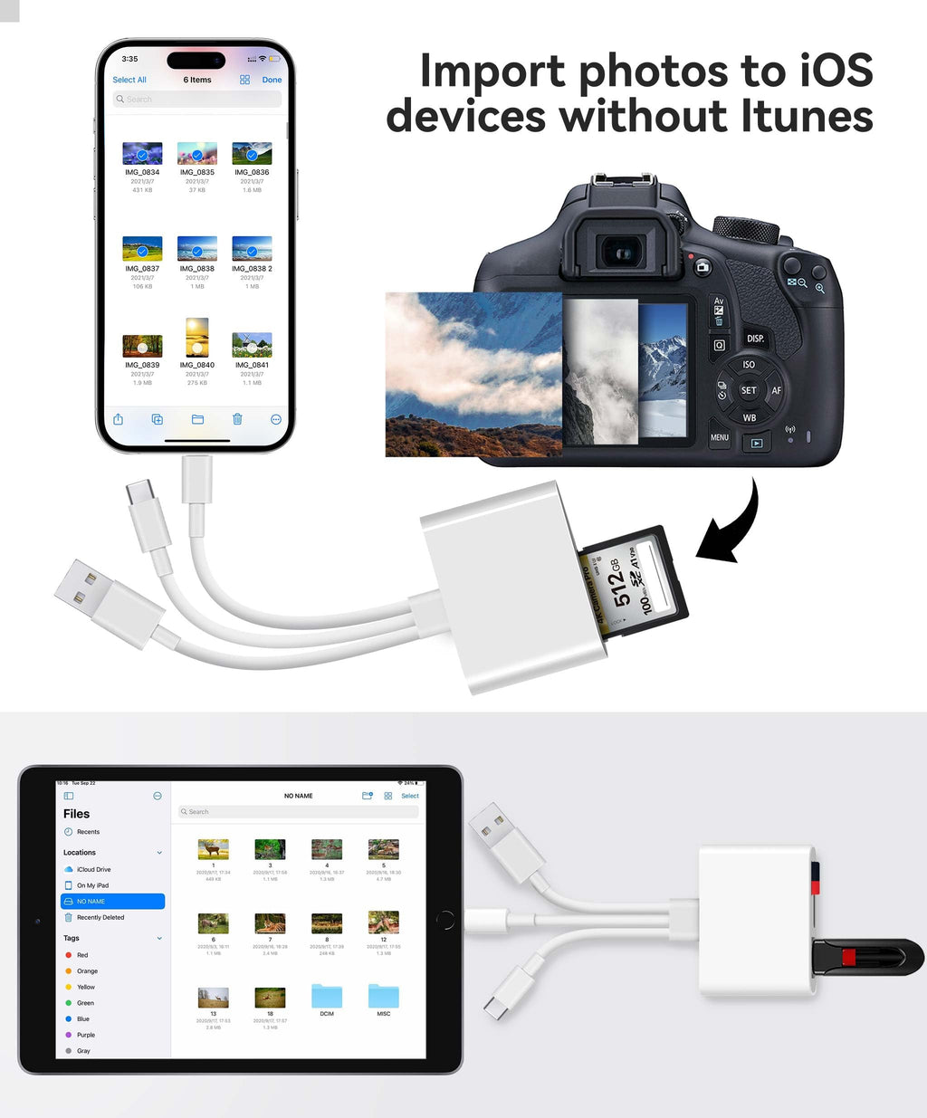 AkHolz SD Card Reader for iPhone iPad Mac Trail Game Camera Viewer Built-in 3-in-1 Connector (Lightening, USB-C and USB-A) with SD MicroSD USB-A 3 Slots, Portable No App Required Plug & Play - White