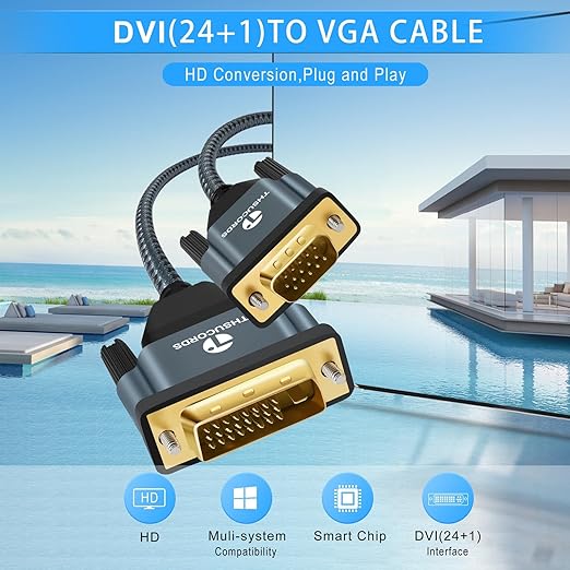 DVI to VGA Cable 3.3FT, Uni-Directional DVI-D to VGA Adapter Male to Male Gold-Plated Braided 1080P Full HD Cord for HDTV, PC,Laptop, Monitor, Projector