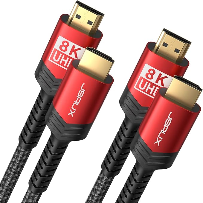 JSAUX 8K Long HDMI Cable 15ft 2-Pack, 48Gbps High Speed HDMI 2.1 Cord, 4K 120Hz/144Hz, 8K@60Hz, Dynamic HDR, DTS:X, 2K, 1080P, 3D, eARC Compatible with Laptop UHD TV Gaming Monitor PS5 PS4-Red