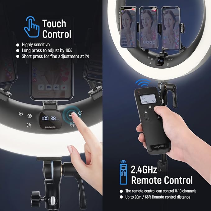 NEEWER 19 inch Ring Light with Stand, 3 Phone Holders and Mini Ball Head, Upgraded 2.4G & Touch Control, Smooth Dimming at 1%, 3200K-5600K for Selfie TikTok Live Streaming Video Recording Zoom, RP19H