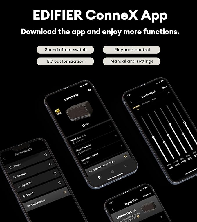 Edifier D32 Tabletop Wireless Speaker, Hi-Res Audio, LDAC, ALAC, 60W (RMS), 2.1 Acoustic Architecture, 11h Playtime, APP Control, Bluetooth 5.3, AirPlay2, USB-C and AUX Inputs, Brown