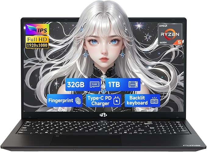NIMO 15.6" IPS FHD-Gaming-Laptop, AMD Ryzen 5 6600H 6 Cores 32GB DDR5 RAM 1TB SSD (Beat i7-1165G7, Up to 4.5GHz) Radeon 660M GPU-Computer with Backlit Keyboard 100W Type-C Fingerprint Win 11