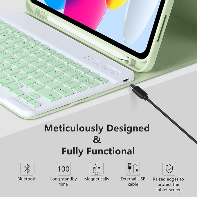 MMK iPad A16 Case (2025, 11"), iPad 10th Generation Case with Keyboard (2022, 10.9"), Wireless Detachable Keyboard, Pencil Holder (Green)