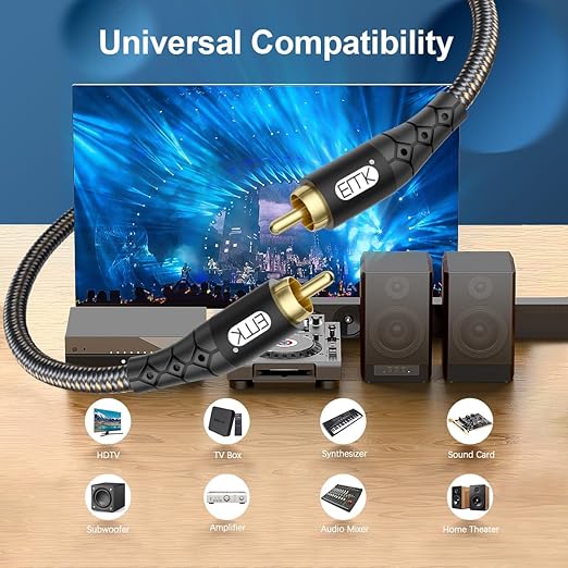 EMK RCA to RCA Subwoofer Cable – 24K Gold-Plated Connector Nylon Braided Double Shielded Audio Cable Digital&Analog Signal Support for Amplifiers Subwoofer Home Theater Hi-Fi Systems Black/50ft/15m