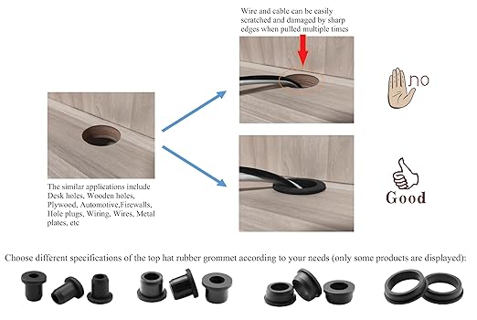 15 pcs 9/16" Drill Hole，1/4" ID Black Silicone Top hat Rubber Grommets for Wiring，Automotive，Firewall，Hole Plug，Desk，Screw，Water and Gas Pipe，Drain，House Siding，Cable Bushing，Glass，Wire Plug