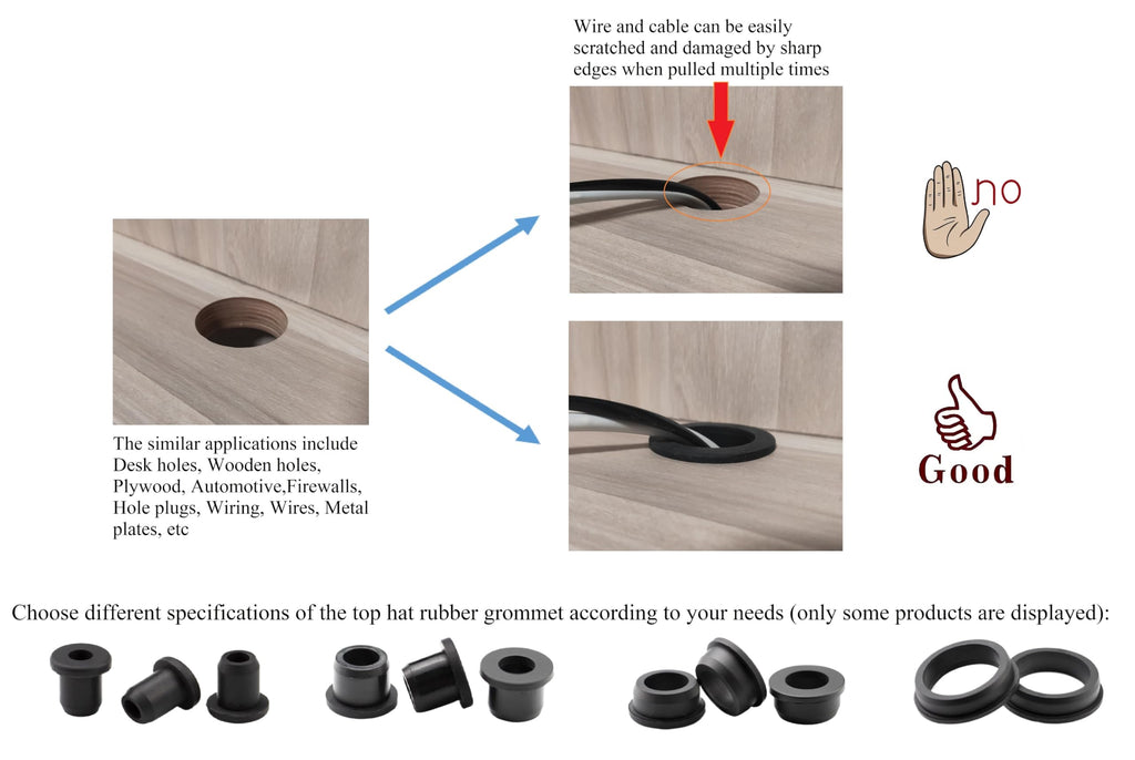 15 pcs 9/16" Drill Hole，3/8" ID Black Silicone Top hat Rubber Grommets for Wiring，Automotive，Firewall，Hole Plug，Desk，Screw，Water and Gas Pipe，Drain，House Siding，Cable Bushing，Glass，Wire Plug