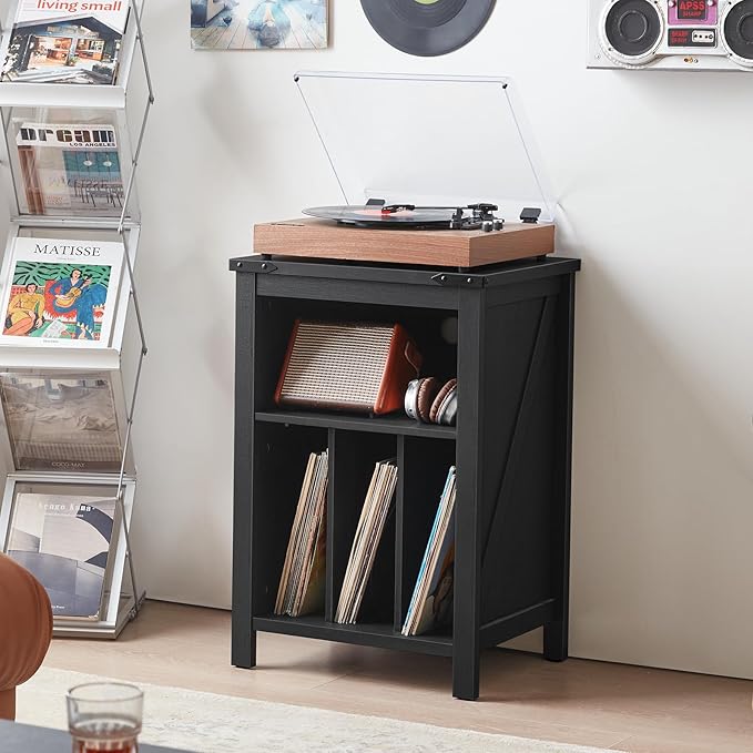 Record Player Stand with Vinyl Record Storage - Holds up to 160 Albums, Large Wooden Turntable Table, Black Cabinet Display Shelf for Living Room, Bedroom, Office