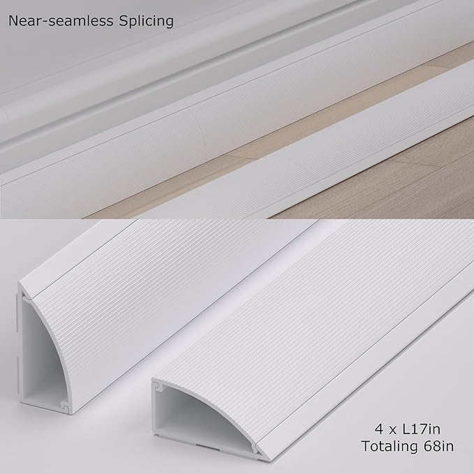 ZhiYo 68in Floor Cord Cover for Corner, Large Cord Hider for 3-5 Cords, Self-adhesives PVC Wire Hider for Baseboard/Floor/Wall Cable Management, White Cable Raceway, 0.8in x 1.8in, 4 x L17in