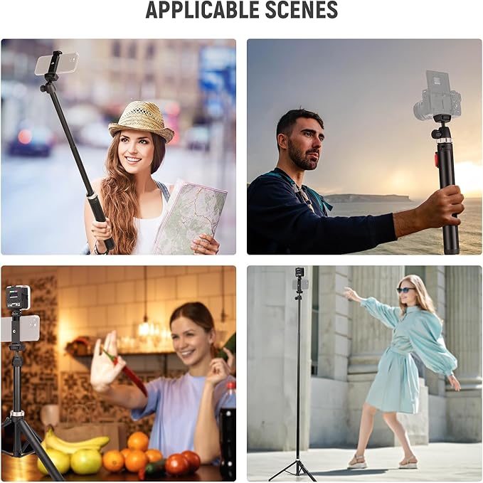 NEEWER Phone Tripod for Camera with Cell Phone Holder & Remote, 62.9" All Metal Selfie Stick Travel Vlog Video Recording Portable Stand Compatible with iPhone Canon Sony Nikon, Cleaning Cloth, TS05