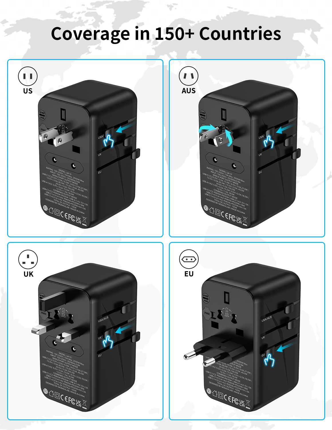 MOMAX 100W Universal Travel Adapter, 5-in-1 GaN International Power Adapter for Laptop, Phone, 2 USB-C PD & 2 USB-A QC Wall Charger, European Travel Plug Adapter for UK/US/AUS/JP, Travel Essentials