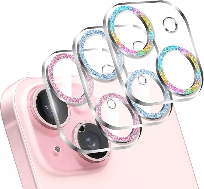 LucBuy 3PCS Sparkling Camera Lens Protector for iPhone 15/iPhone15 Plus, Full Clear Acrylic Cover with Shiny Colorful Glitter Designed Decoration Back Camera Protector