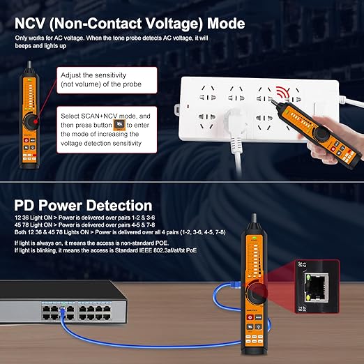 Rechargeable Digital Tone Cable Tester, WANLUTECH Tone Generator with Probe Support Optical Power Meter Visual Fault Locator PoE Test Cable Continuity Testing Port Flashing NCV (LT-300S)
