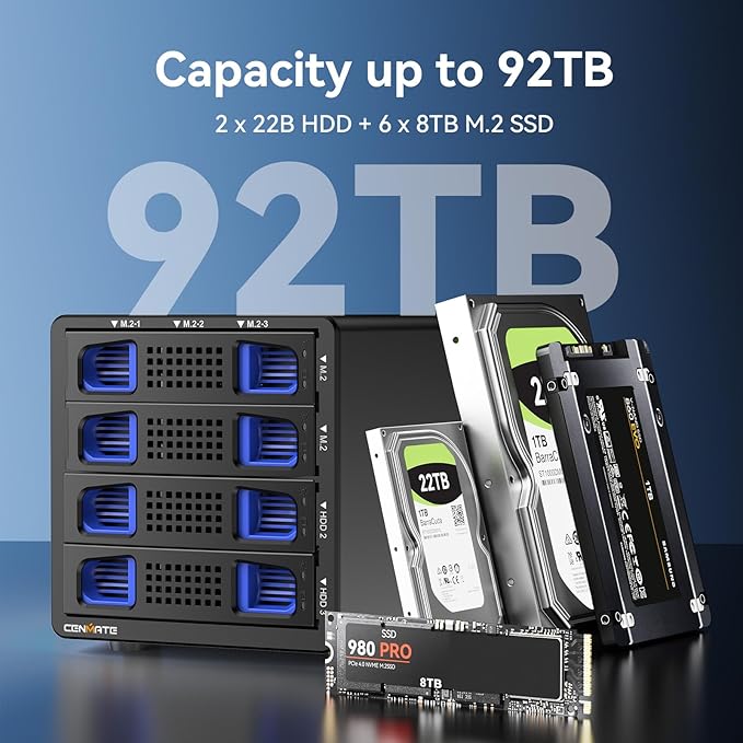 Hybrid 2*2.5/3.5" SATA HDD/SSD+6* M / B+M Key M.2 NVMe Enclosure with Cooling Fan and USB A/C 3.2 Gen 2, Hard Drive Enclosure Support 92TB(2*22TB HDD+6*8TB 2230/2242/2260/2280/22110 SSDs)