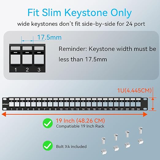 24 Port Blank Keystone Patch Panel with Snap-in Design, Cat6 Network Patch Panel 1U 19 inch, Rack Mount Ethernet Patch Panel (for Slim Keystone Only)