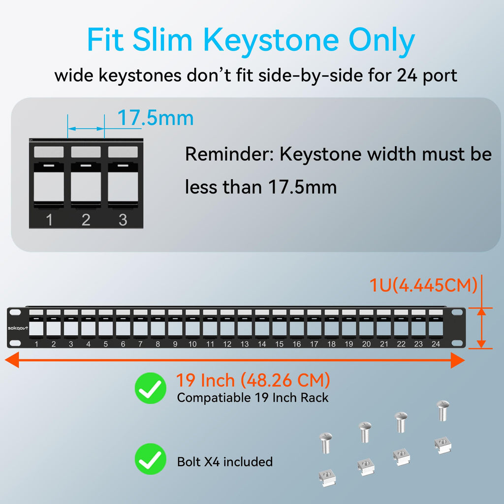 Sokqovt 24 Port Blank Keystone Patch Panel with Snap-in Design, Cat6 Network Patch Panel 1U 19 inch, Rack Mount Ethernet Patch Panel (for Slim Keystone Only)