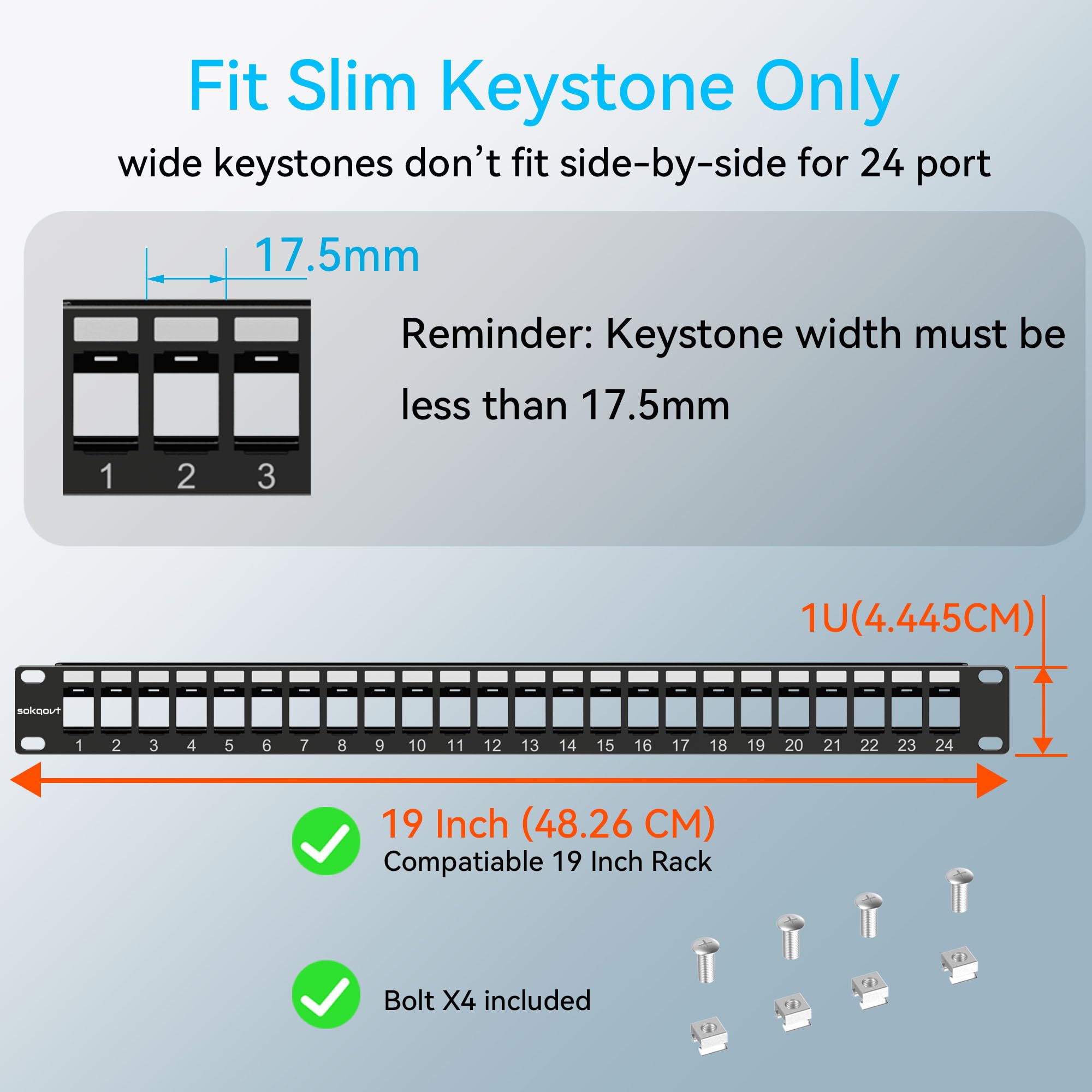 Sokqovt 24 Port Blank Keystone Patch Panel with Snap-in Design (4 Pack), Cat6 Network Patch Panel 1U 19 inch, Rack Mount Ethernet Patch Panel (for Slim Keystone Only)