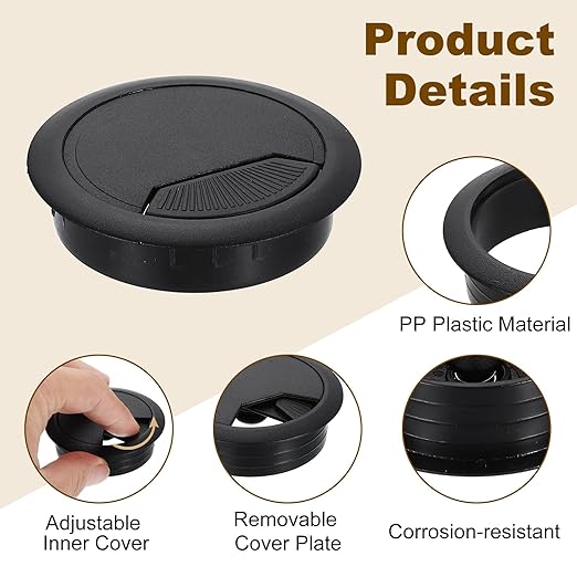uxcell 5 Pcs 60mm (2.36 Inch) Desk Grommet, Plastic Cable Hole Cover, Wire Cord Cable Organizer for Home Office Computer Desk Cabinet, Black