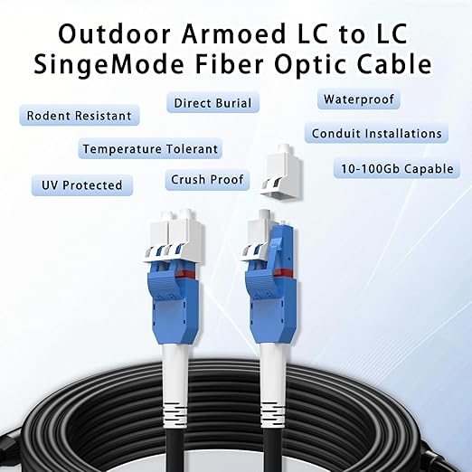 10M/33FT LC to LC Armored Outdoor Fiber Optic Cable, Single Mode Duplex 9/125μm SMF Fiber Patch Cord, OS1/OS2 Compatible, Black LSZH Jacket, Uniboot Jumper for FTTH, Data Center, Long-Distance Use