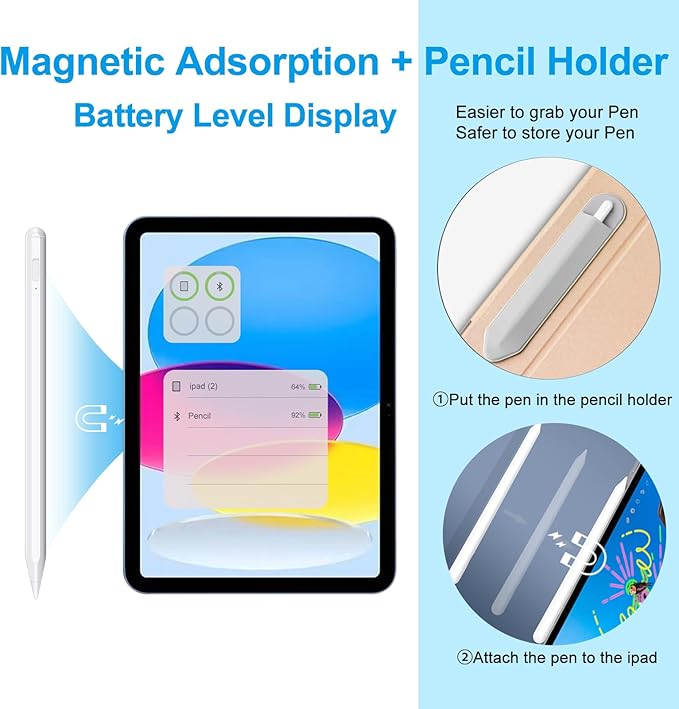 Stylus Pen for iPad 2018-2025 with Palm Rejection, Apple Pencil for Pad11th/10th/9th/8th/7th/6th Gen, iPad Pro 11/12.9 inch, New iPad Air 2025 11&13-inch(M3/2) /5th/4th/3th Gen, iPad mini 6th/5th