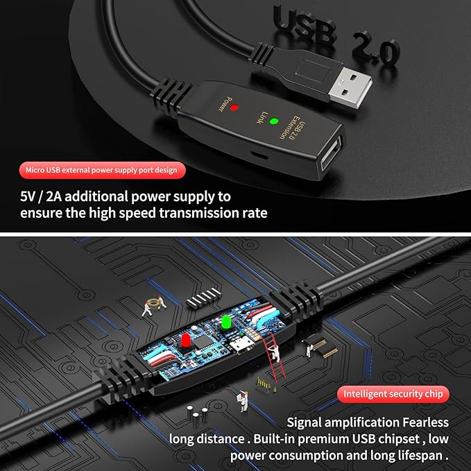 LDKCOK 60FT Active USB Extension Cable 2.0 Male to Female with A Extension chipset Signal Booster - Active Extension/Repeate