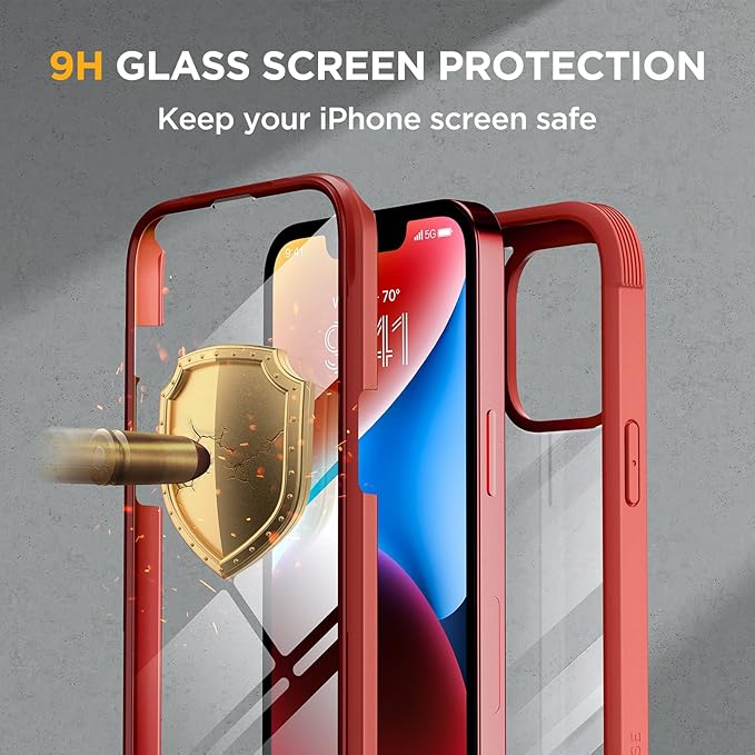 Miracase Glass Series Designed for iPhone 14 Plus Case 6.7 inch, 2023 Upgrade Full-Body Clear Bumper Case with Built-in 9H Tempered Glass Screen Protector and Camera Lens Protector,Red