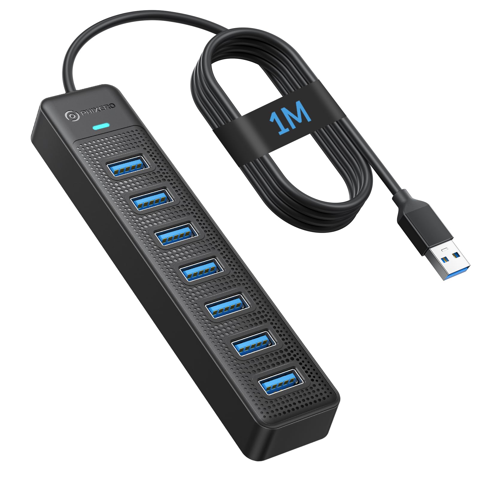 PHIXERO 7 Port USB Hub, 3.3FT/1M Long Cable USB 3.0 Hub Multi USB Port Hub Adapter Extension USB Splitter USB Hub for PC, Compatible with All USB 3.0/2.0/1.1 Device