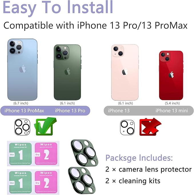 2 Pack Camera Lens Protector for iPhone 13 Pro/iPhone 13 Pro Max,[Not Easy to Breakn ] AR Tempered Glass Strong Adsorption Metal Camera Cover Screen-Dark Green