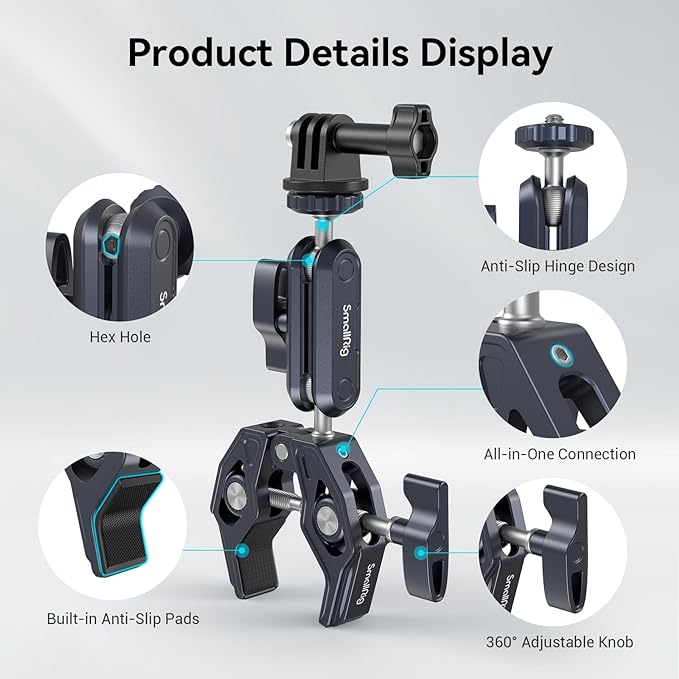 SMALLRIG Camera Mount Clamp, Ballhead Magic Arm and Adapter for Gopro, Camera Monitor Mount with 1/4"-20, 3/8"-16 Threaded Holes, Super Clamp for Gopro/DSLR/Stabilizer