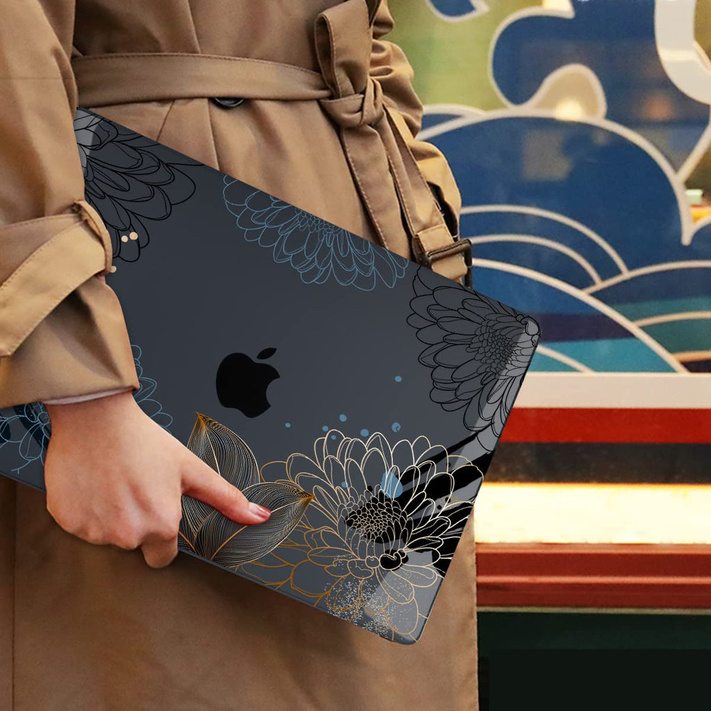 Mektron for MacBook Air 13 Case A1466/A1369 (2010-2017 Release), Snap-on Plastic Hard Shell Cover for MacBook Air 13.3 inch with Keyboard Cover, Line Chrysanthemums
