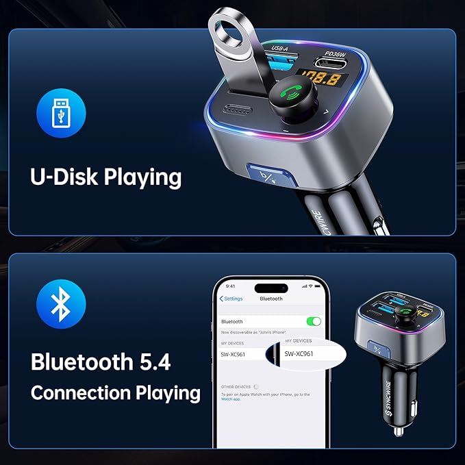 Syncwire Bluetooth 5.4 FM Transmitter Car Adapter 48W (PD 36W & 12W) [Light Switch] [Hi-Fi Deep Bass] [Fast Charge] Wireless Radio Music Adapter LED Display Hands-Free Calling Support USB Drive