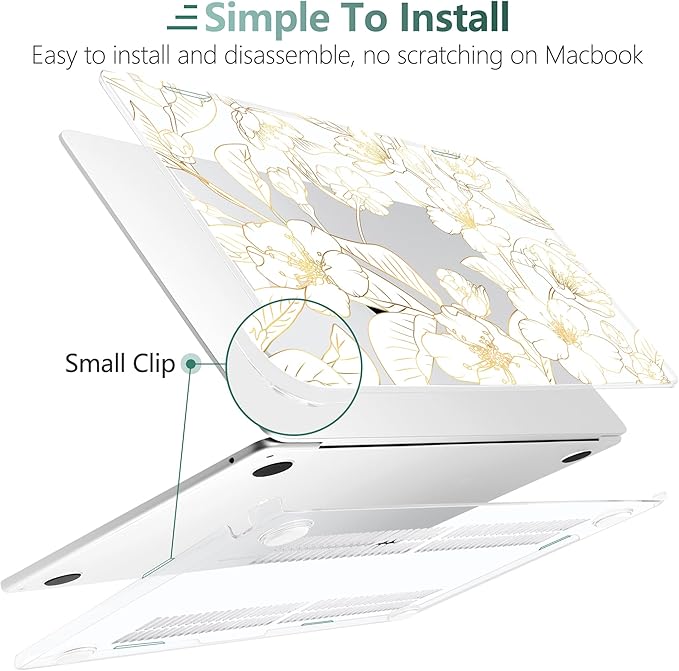 TWOLSKOO Compatible with M4 MacBook Air 13.6 inch Case 2025-2022 Release M4 A3240 M3 A3113 M2 A2681, Plastic Hard Shell & Keyboard Cover & Type C Adapter & Screen Protector, Gold Cherry Blossom