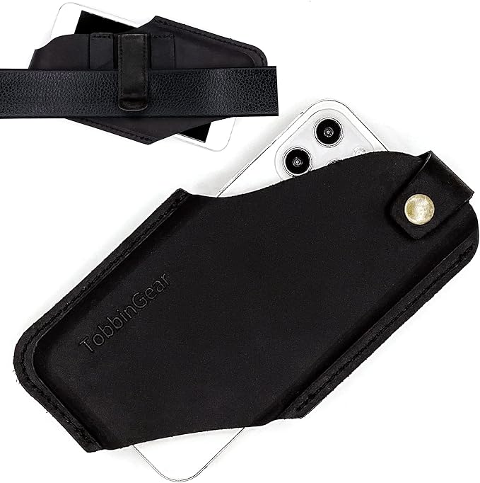 TobbinGear Leather Cell Phone Holster with Belt Clip, Universal Phone Holster for Men Belt Holder, Leather Case for iPhone, Samsung Galaxy Phones, Right Hand, Medium, Black