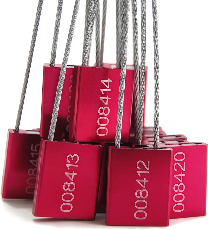 Leadseals(R) 50 Red Steel Cable Seals Metal High Security Seals Numbered Truck Trailer Seal Anti-Tamper Pull-Tite Security Tags Aluminum Body Transport Shipping Seal Self-Locking Safety Ties ISO 17712