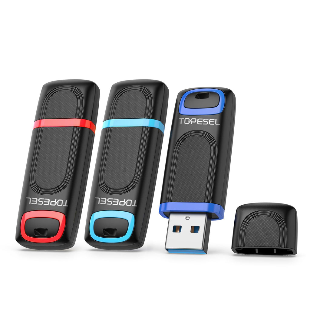 TOPESEL 128GB Flash Drive 3 Pack, USB 3.0 Thumb Drives High Speed Memory Stick Jump Drive Zip Drive for Data Storage and Backup (Three Mixed Colors: Red Blue Cyan)
