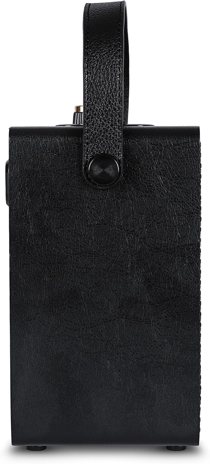 Fuse Andle Vintage Retro Bluetooth Speaker with Vegan Leather Handle | Portable Speaker with Smartphone Connection | USB & AUX Input | Stylish Black Wood Exterior
