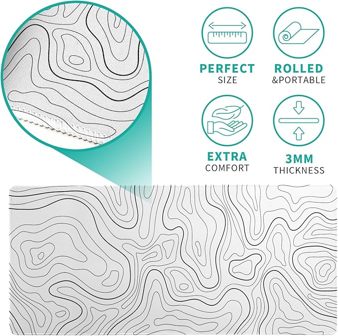 Topographic Contour White Gaming Mouse Pad XL Geographic Map Lines Extended Big Large Desk Mat Non-Slip Rubber Base Stitched Edge Long Keyboard Mousepad for PC Computer Laptop,31.5x11.8 Inch