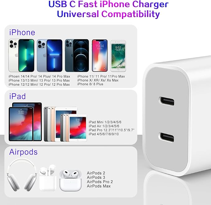 Super Fast iPhone Charger,Dual Port USB C iPhone Charger Fast Charging Block,3Pack Double Type C Wall Power Delivery Adapter,6Pack Quick USB C to Lightning Cable for iPhone 14 Pro/13/12/11/MiNi/XS/XR