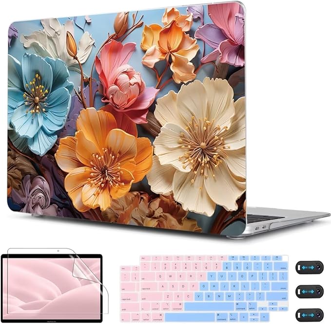 CISSOOK Compatible with MacBook Air 13 inch Case 2021 2020-2018 Release M1 A2337 A2179 A1932, Flower Hard Shell Case with Keyboard Cover for MacBook Air 13 Inch with Touch ID, Silk Flowers
