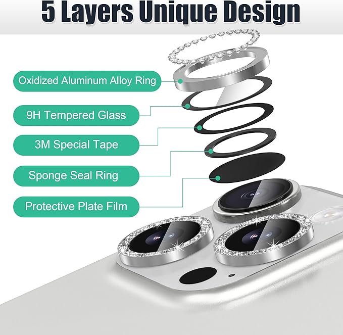 AGVEE 3+3 6 Pack for iPhone 16 Pro 6.3" / 16 Pro Max 6.9" Camera Lens Cover Protector, Bling Diamond & Bling Glitter Metal Ring 9H Tempered HD Glass Camera Cover Protector Film, Bling-Silver