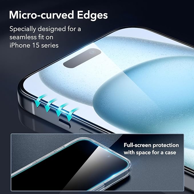 ESR 3+1 Pack for iPhone 15 Screen Protector, 3 Tempered-Glass Screen Protector and 1 Set Camera Lens Protector, 2.5D Curved Edges, Full-Coverage Military-Grade Protection, Scratch Resistant