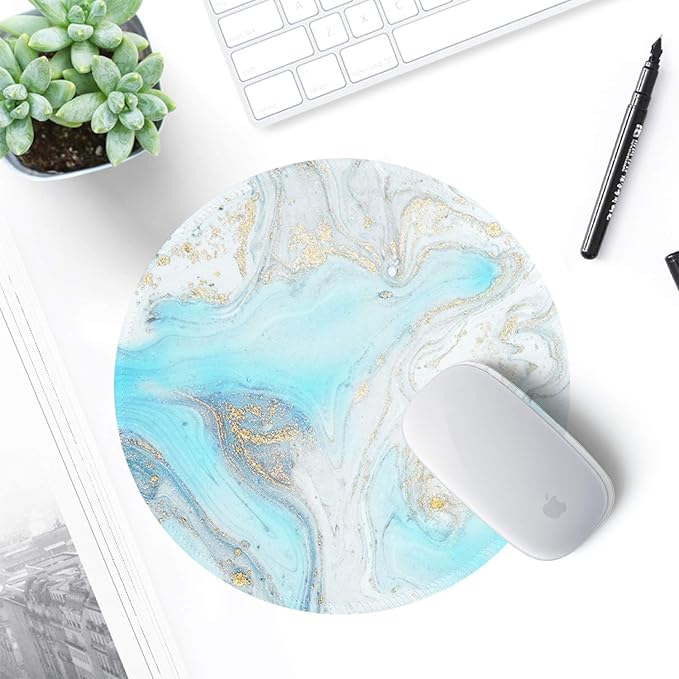 ITNRSIIET Round Mouse Pad with Stitched Edge Premium-Textured Waterproof Non-Slip Rubber Base Desktop Protection Mat Diameter 8.7 inches, Modern Marbling Light Blue