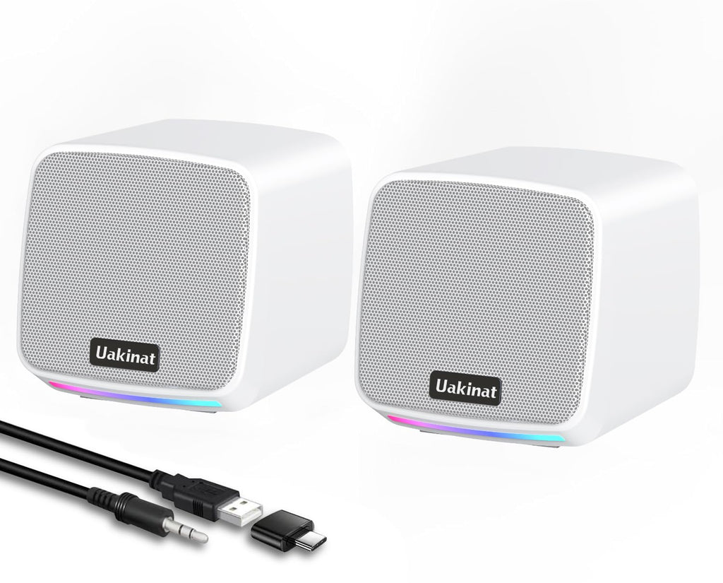 Uakinat Computer Speakers for Desktop PC, USB Powered 3.5mm Aux Speaker for PC, Laptop, Tablet, Phone, Plug and Play with Volume Control, White