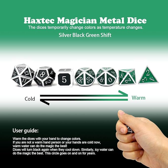 Haxtec Color Shifting Metal DND Dice Set Temperature Sensitive Polyhedral D&D Dices Compatible with Dungeons and Dragons RPG-Silver Black Green Shift