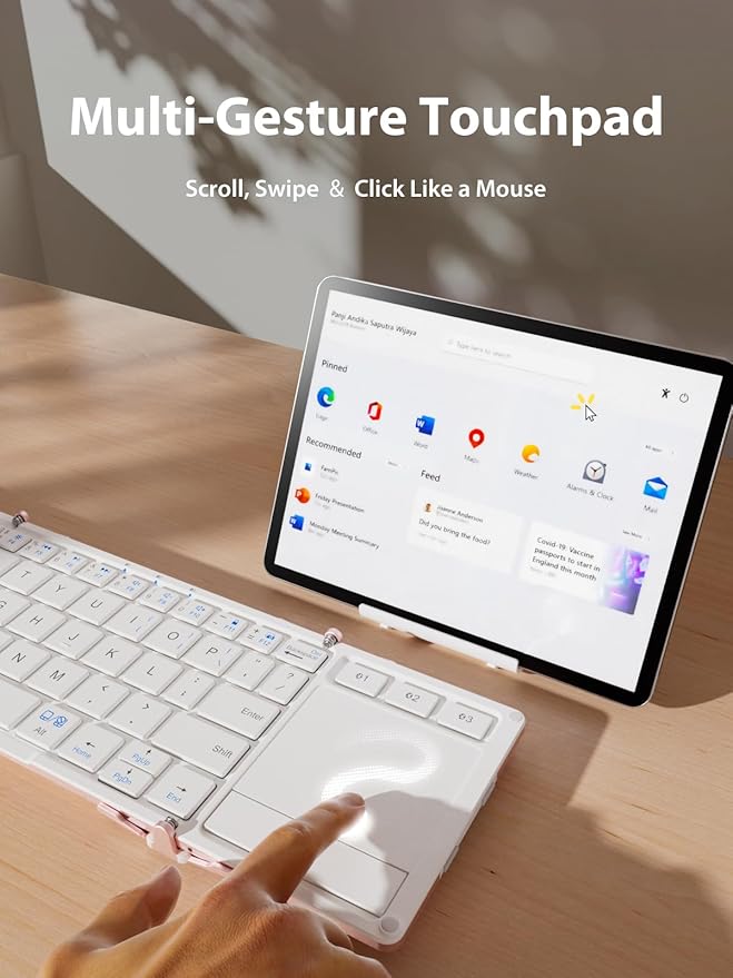 iClever Bluetooth Keyboard with Touchpad, Foldable Keyboard, Metal Body, Gesture Support, USB-C Charge, Pocket-Size Wireless for Travel, iPad, iPhone, Android, Windows, Pink White
