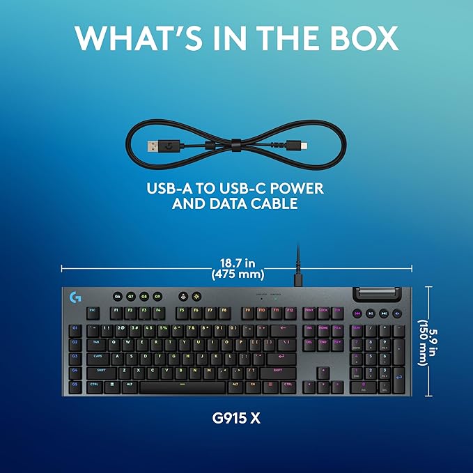 Logitech G915 X Wired Mechanical Gaming Keyboard, Double-Shot PBT Keycaps, Fully Programmable Keys, RGB Backlit Mac/PC Gaming Keyboards, Aluminum Finish, GL Linear Switches, Black