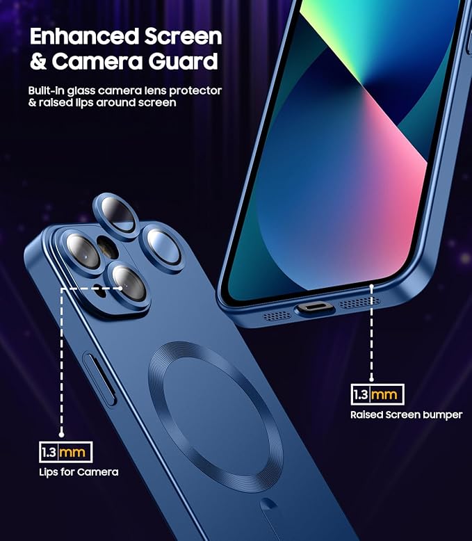 Magnetic for iPhone 13 Case [Compatible with MagSafe][Built-in Camera Lens Protector] Slim Soft Silicone Bumper Shockproof Metallic Luster Phone Case (Blue)