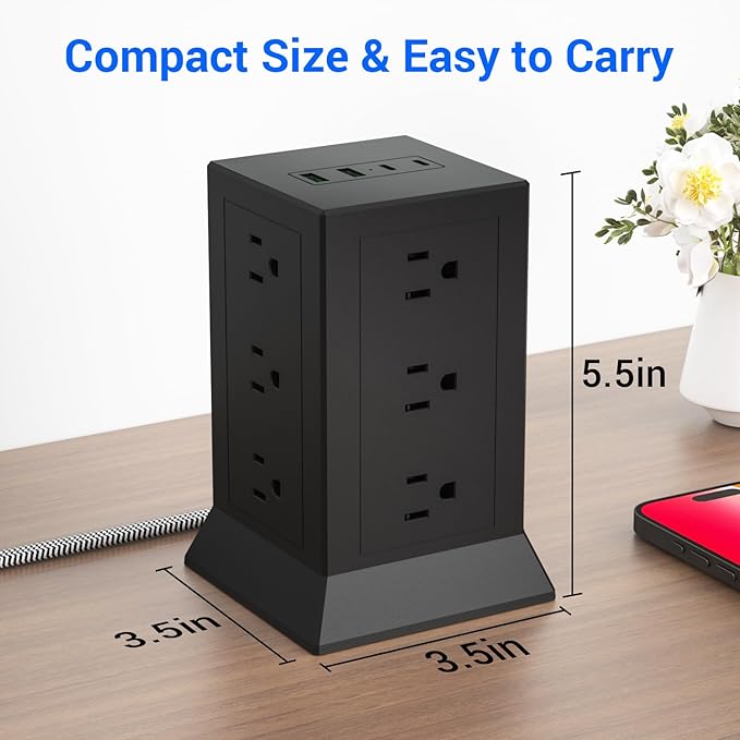Power Strip Tower with Multiple Outlets, 6.5 Ft Extension Cord Flat Plug with 12 AC Outlets 4 USB Ports (2 USB C), Power Tower Surge Protector with Individual Switches for Home Office Dorm Room, Black