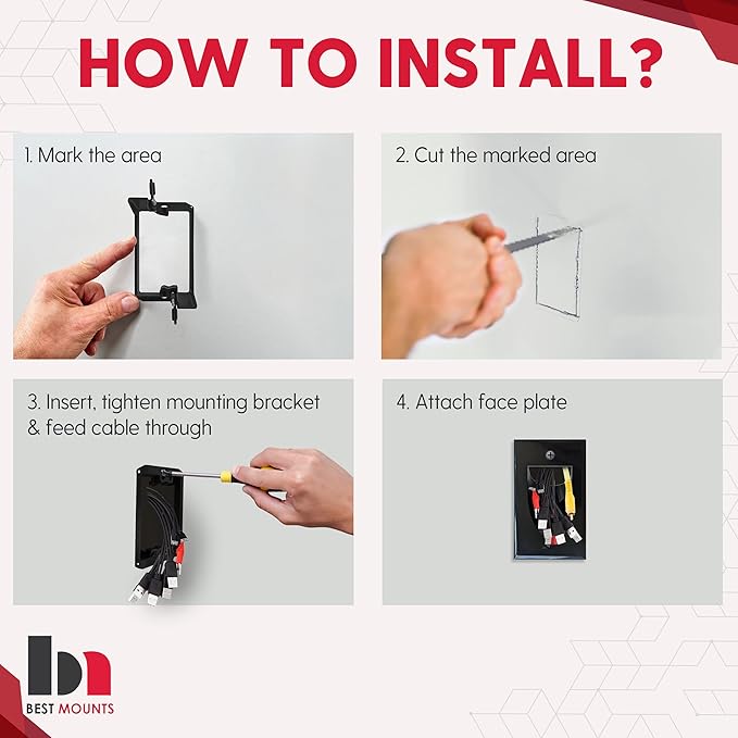 BestMounts - 1 Pack In Wall Cable Management Kit - Recessed Wall Plate Cable Pass Through Pair with Single Gang Low Voltage Mounting Bracket - TV Cord Hider for Wall Mounted TV ETL Listed