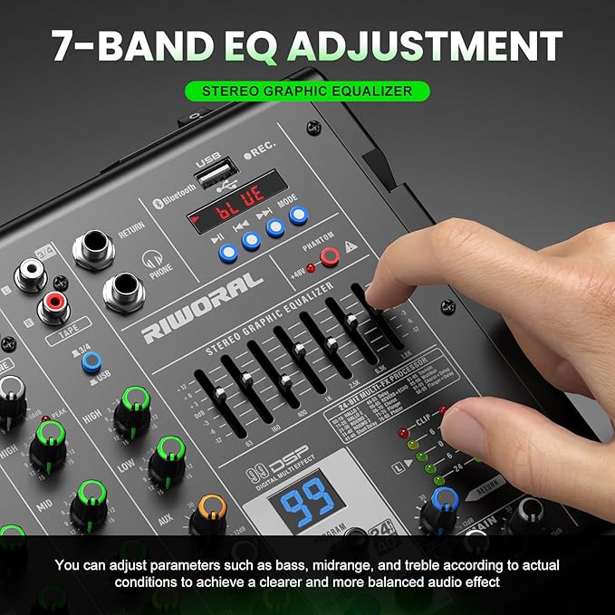 4 Channel Audio Interface DJ Mixer with 99 DSP Reverb Delay Effect USB Audio Interface +48V Phantom Bluetooth for Karaoke Studio Streaming Recording,Live Broadcasting,Podcasting