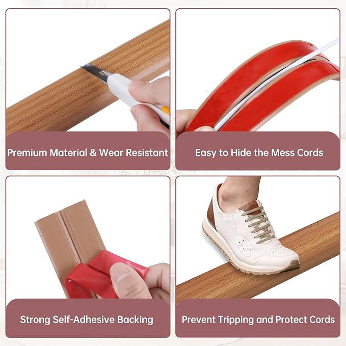 Floor Cord Cover Self Adhesive Cord Hider Floor Extension Cord Covers for Floor Power Cord Protector Cable Management Prevent Cable Trips Cable Cavity 0.51" W x 0.31" H (Light Brown Wood, 20Ft)